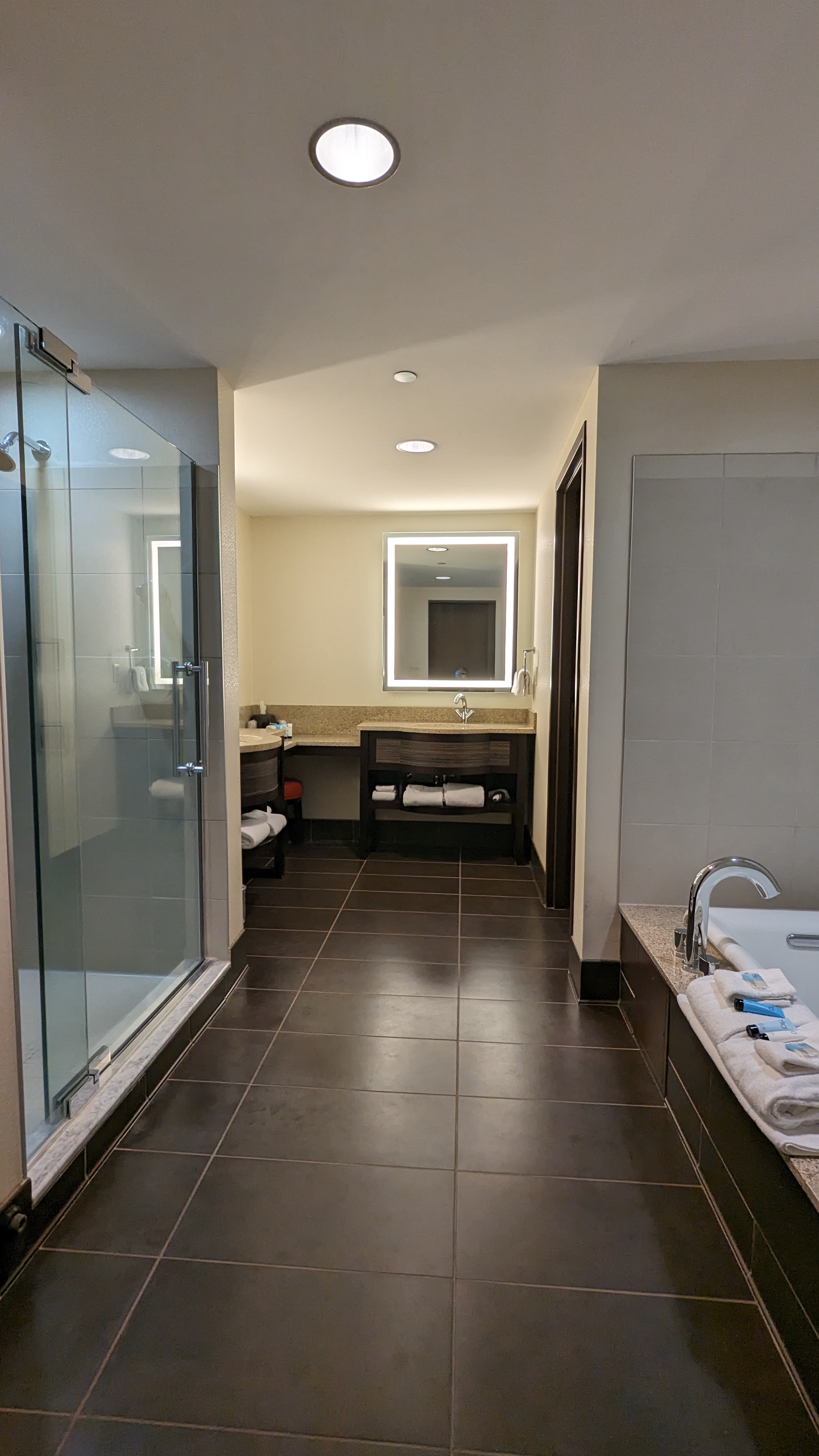 Non-ADA Master suite bathroom with shower and tub and toilet behind 27.5
